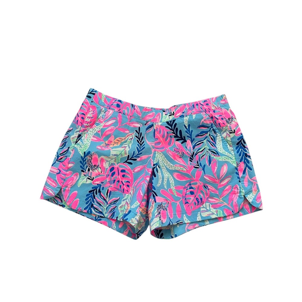 Ocean Trail Shorts Blue Pink Tropical Leaf Print Cotton Size S Lilly Pulitzer